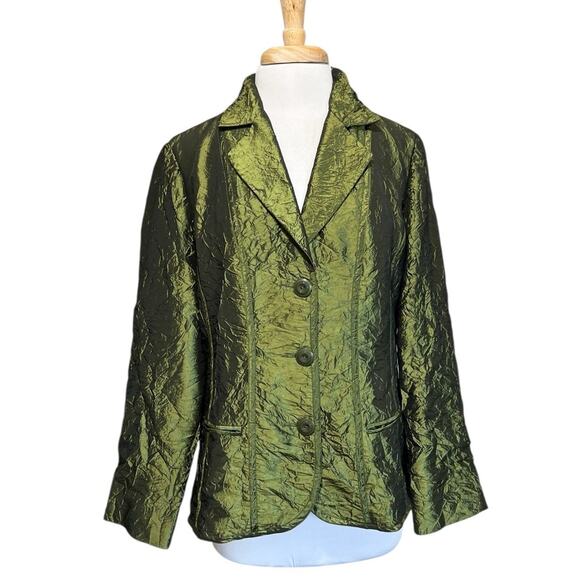 Chicos Blazer size 1 M Olive Green Crinkled Satin Metallic Evening Jacket - Picture 1 of 6